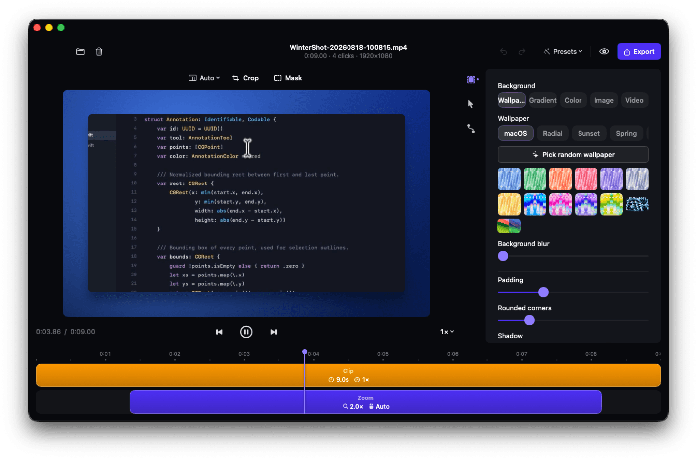 Studio editor for a screen recording with a zoom timeline